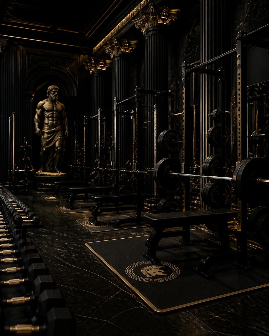 Interior premium Fit Temple cu coloane clasice și echipament de forță